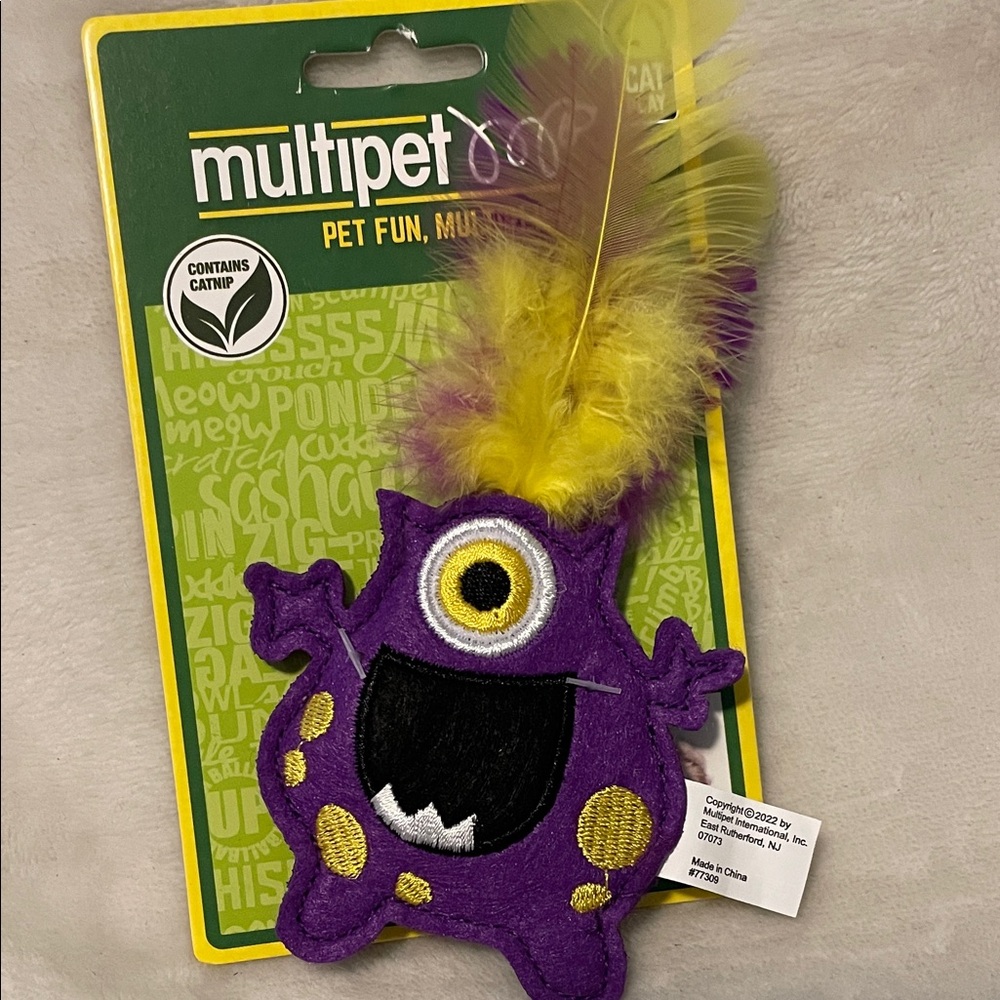 Multipet Purple Monster Cat Toy with Yellow Feathers